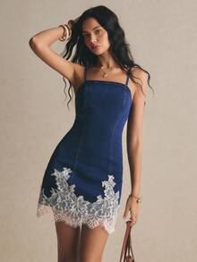 Poéselle Đầm denim hai dây phối ren đa năng dành cho nữ. - Rửa tối - Xem 6