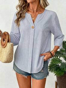 EMERY ROSE Plus Size Women's Casual V-Neck Striped Shirt - Multicolor - View 3