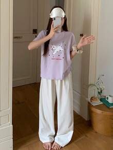 DAZY 2件套女士可爱猫咪印花短袖T恤和直筒睡裤，夏季睡衣套装 - 淡紫色 - 查看 1