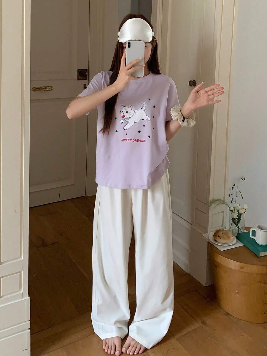 DAZY 2件套女士可爱猫咪印花短袖T恤和直筒睡裤,夏季睡衣套装 - 淡紫色 - 查看 1