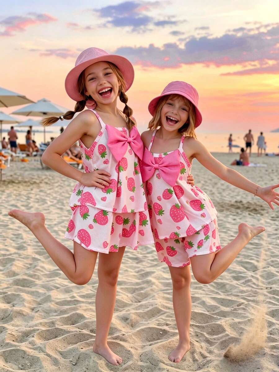 SHEIN Young Girl' Cute Strawberry Pattern Camisole Top With Ruffle Design & Pink Bow Shorts Set, Sweet Daily Wear For Summer - Pink - View 1