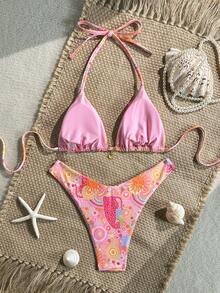Swim Mod 2pcs/Set Pink,Summer,Boho,Beach Vacation,Holiday,Holiday Zebra Print Halter Bikini Top Golden Shell Decor High Cut Swim Bottoms Swimwear Set - Multicolor - View 3