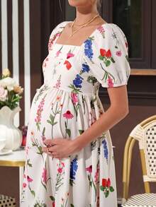 Momance Women's Floral Print Midi Maternity Dress,White,Summer,Baby Shower,Holiday,Square Neck Puff Sleeve Shirred Waist A-Line Casual Pregnancy Photoshoot - Multicolor - View 6