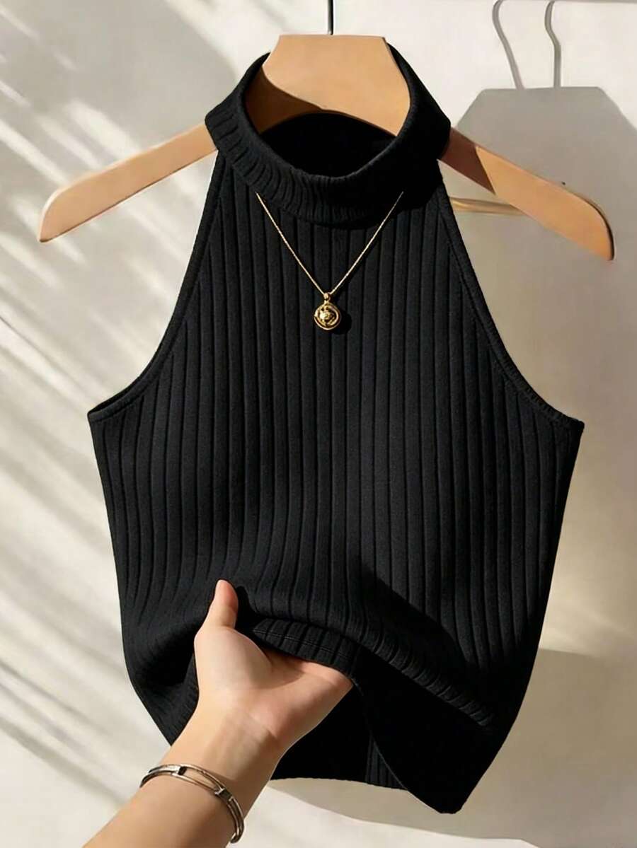 Franclia Top halter de punto acanalado de unicolor minimalista para uso casual y diario, verano - Negro - Ver 1