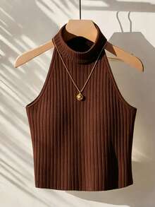 SHEIN Franclia Top sin mangas de unicolor minimalista para mujer, uso casual de todos los días - Marrón - Ver 5