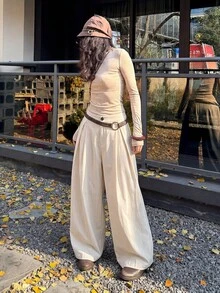 Coolane 女士夏季复古休闲嬉皮街头风宽松军绿色裤子 - 杏色 - 查看 4