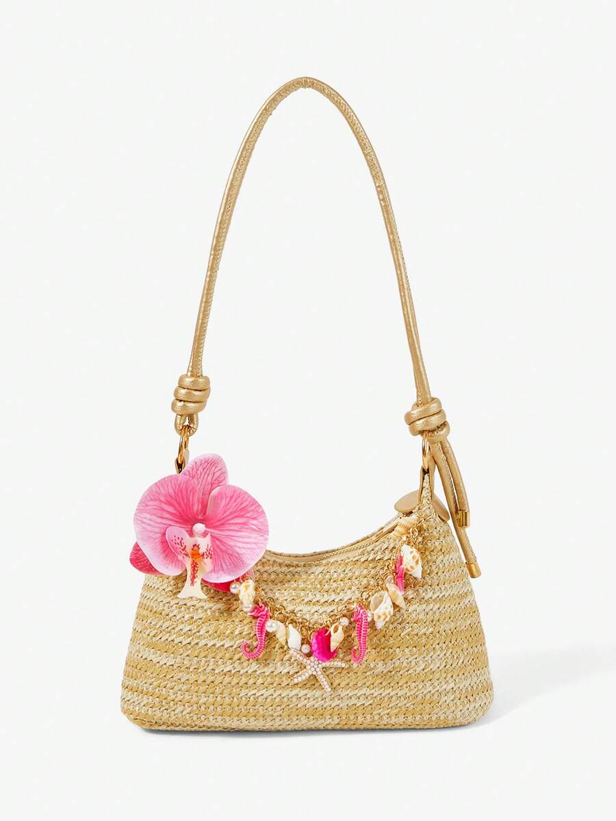 Viva Strut A Set Of Floral Crocheted Beach Handbags And Accessories, Stylish Personalized Beach Resort Style Shell Lace Lady Messenger Bag - Khaki straw bag rose red flower rose chain - View 1