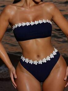 Women Swimwear Summer Beachwear Cute Floral Patched Bandeau Two Pieces Bathing Suit - Navy Blue - View 1