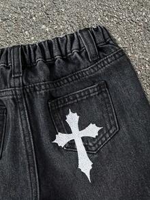 Quần short denim rộng rãi thêu chữ thập cho bé trai, màu xanh dương. - màu đen - Xem 6