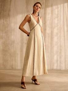 MOTF PREMIUM WOMEN'S 100% RAMIE LINEN V-NECK EMBROIDERED LONG DRESS, SPRING/SUMMER - Beige - View 4