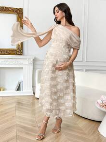 SHEIN Summer Elegant Maternity Dress, Pregnant Women Tassel Decor Asymmetric Collar Off-Shoulder Fringe For Baby Shower Photoshoot Party Babyshower - Apricot - View 5