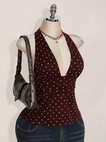 SHEIN ICON Plus Size V-Neck Cinched Waist A-Line Backless Polka Dot Camisole, Retro Y2K Halter Babydoll Top - Brown - View 5