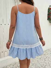 SHEIN LUNE Plus Size V-Neck Sleeveless Front Button Ruffle Hem Textured Slip Dress - Blue and White - View 2