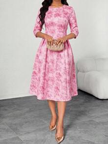 SHEIN Lady Women's Floral Print Round Neck Elegant Mid-Length Dress, Spring/Summer - Pink - View 6