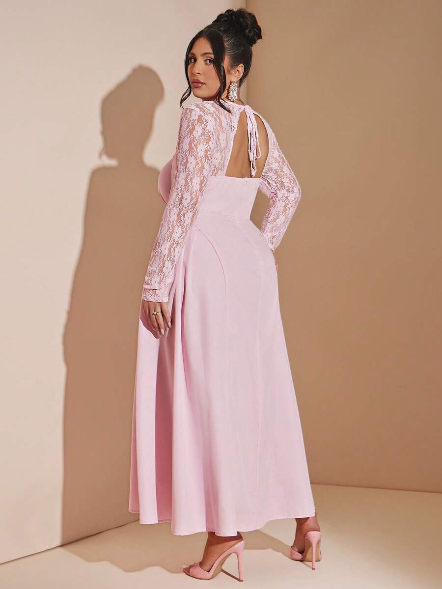 SHEIN BAE 大码女士粉色中长连衣裙，优雅花园约会连衣裙 - 粉色 - 查看 1