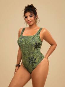 SHEIN TRVLCHIC 大码女士绿色碎花连体泳衣，浪漫早春海滩水疗泳装 - 綠色 - 查看 4