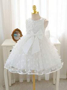 Glamorique Kids Váy công chúa màu trắng cho bé gái, kiểu dáng xếp lớp, phối lưới hình bướm, thích hợp làm váy dự tiệc. - trắng - Xem 4