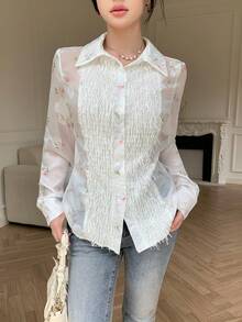 Modelyn 白色花卉印花拼接流苏镂空薄纱优雅女式衬衫，春夏款 - 白色 - 查看 4