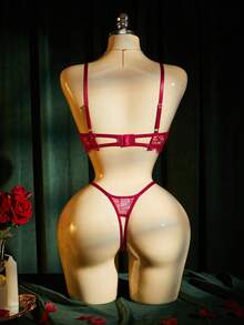 SpicyHot Bộ đồ lót ren khoét rỗng có gọng dành cho nữ, gồm áo ngực và quần lọt khe, gợi cảm và quyến rũ. - Màu Đỏ Sâu - Xem 7