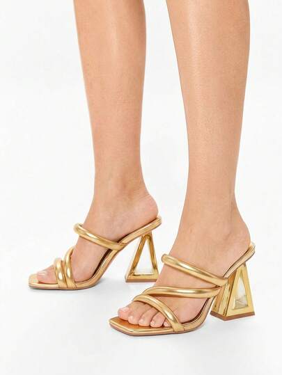 女式金色金字塔裝飾高跟拖鞋涼鞋，迷人的派對高跟鞋