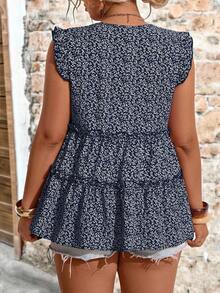 EMERY ROSE Blusa elegante de talla grande tejida con estampado floral, cuello en V, mangas volantes y ribete de volantes, adecuada para vacaciones, exteriores, uso diario, primavera/verano - Azul Marino - Ver 2