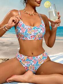Swim Mod Set Pakaian Renang Bikini Seksi Wanita dengan Motif Bunga Acak dan Tali Bahu Tipis, Cocok untuk Liburan di Pantai - Baby Blue - View 4