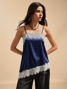 Easelle Navy Blue Lace Patchwork Spaghetti Strap Summer Camisole - Navy Blue - View 7