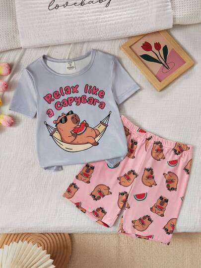 2件套少女休闲可爱水豚印花修身短袖上衣和短裤睡衣套装，灰色和粉色