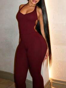 INAWLY Women's Solid Color Backless Halter Jumpsuit - Burgundy - View 3