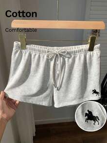 Comfortcana 大码女式休闲骑行Logo单排扣系带短裤，春夏款 - 灰色 - 查看 3