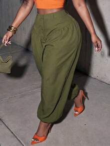 Slaydiva Plus Size Summer Olive Green Smart Casual Holiday Women Long Ruched Lantern Pants,Elegant Commute & Casual,Birthday Party,Oversize Bubble Pants - Green - View 9