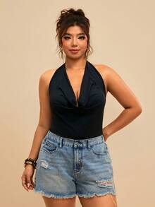 Travachic Plus Size Summer/Beach; Draped Front Backless Halter Bodysuit | Vacation Resort - Black - View 4
