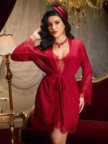 PinupPomp Conjunto de pijama de mujer de unicolor y sexy con encaje - Burdeos - Ver 4
