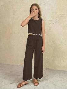Emery Rose Kids Emery Rose Kids 2件套少女雪纺碎花圆领休闲吊带背心和裤子套装，棕色 - 棕色 - 查看 2