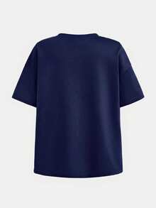 SHEIN 2件套少女休闲字母印花宽松阔腿裤套装 - 藏蓝色 - 查看 5