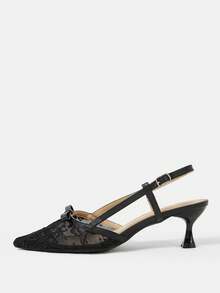 CUCCOO HITCHD Sapatos Femininos Apricot Laço de Renda Sapatos de Casamento Damas de Honra Bico Fino Banquete Salto Alto Vazio - Preto - Visão 2