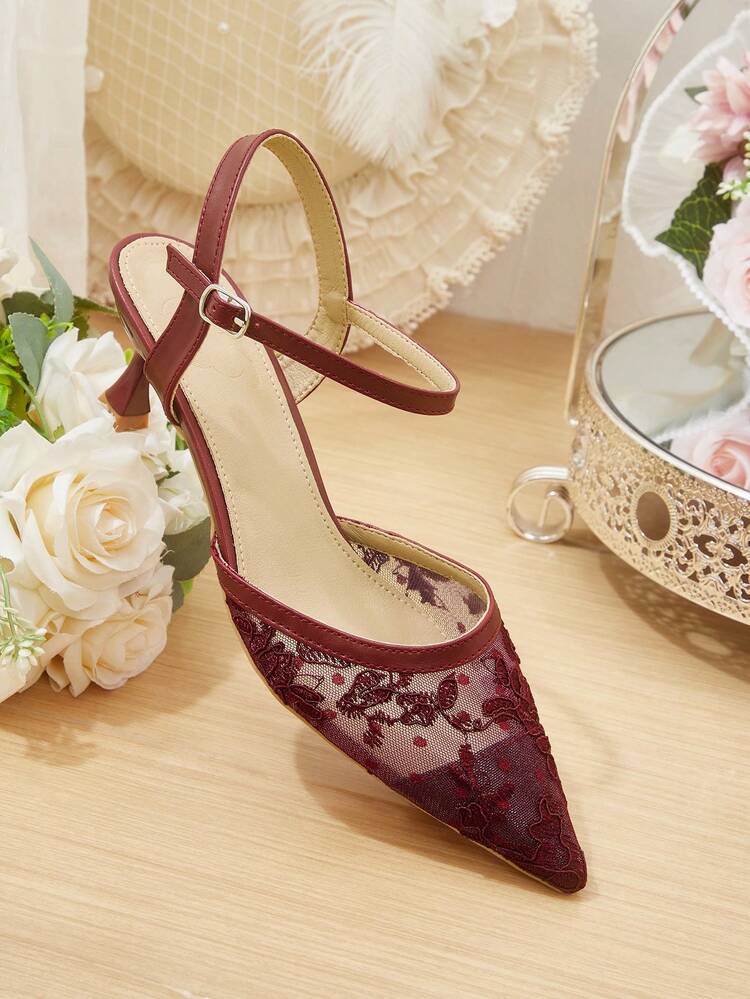 CUCCOO HITCHD Women Shoes New Red Lace Embroidered Empty High Heels Women's Button Pointed Low Heel Bridal Wedding Shoes