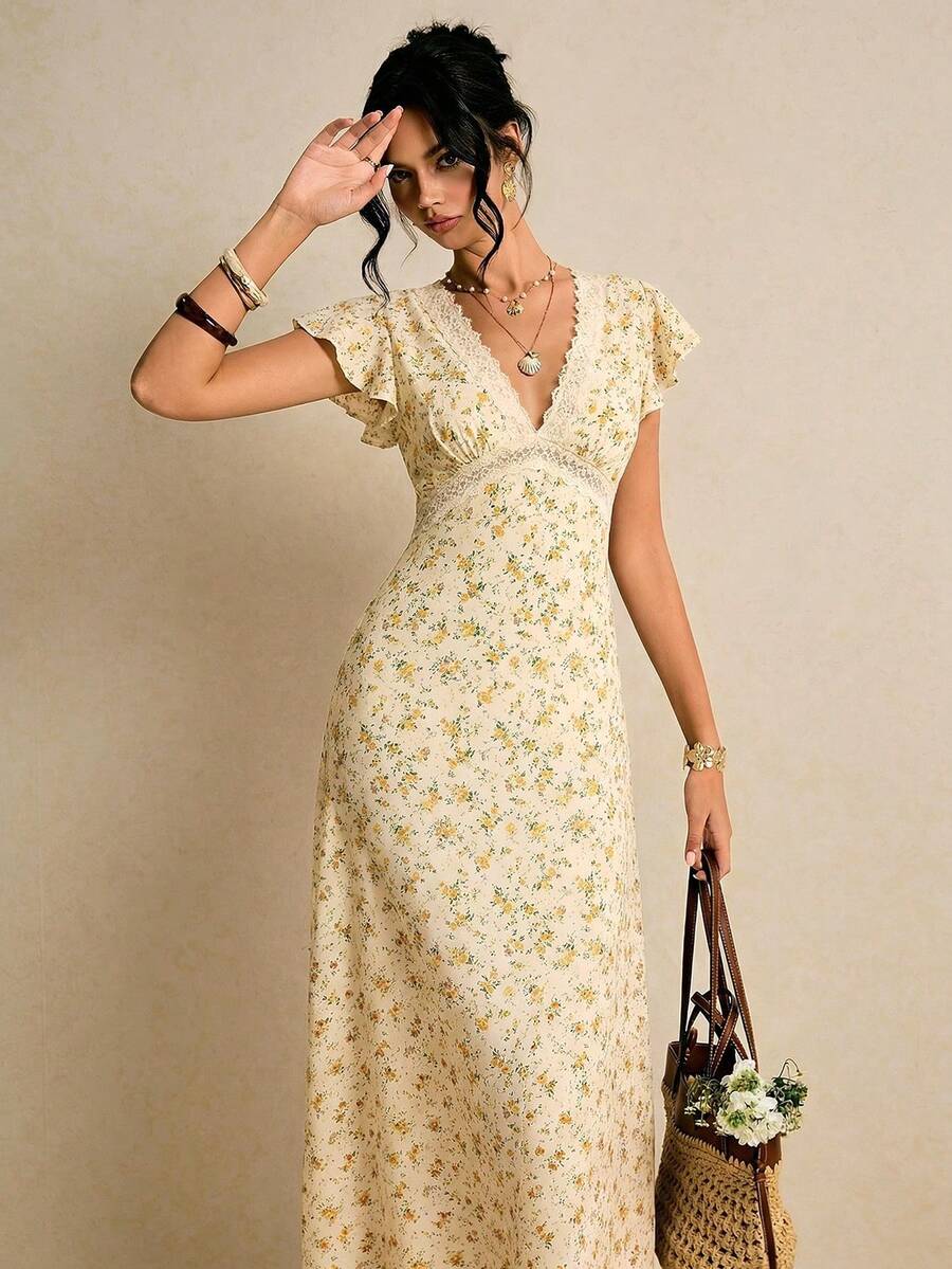 Poéselle 女士印花V领优雅收腰派对休闲连衣裙 - 黃色 - 查看 1