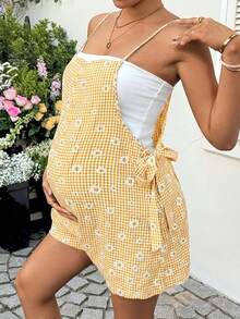 Lyckli Pregnant Women Plaid & Floral Print Casual Romper For Daily Wear - Yellow - View 3