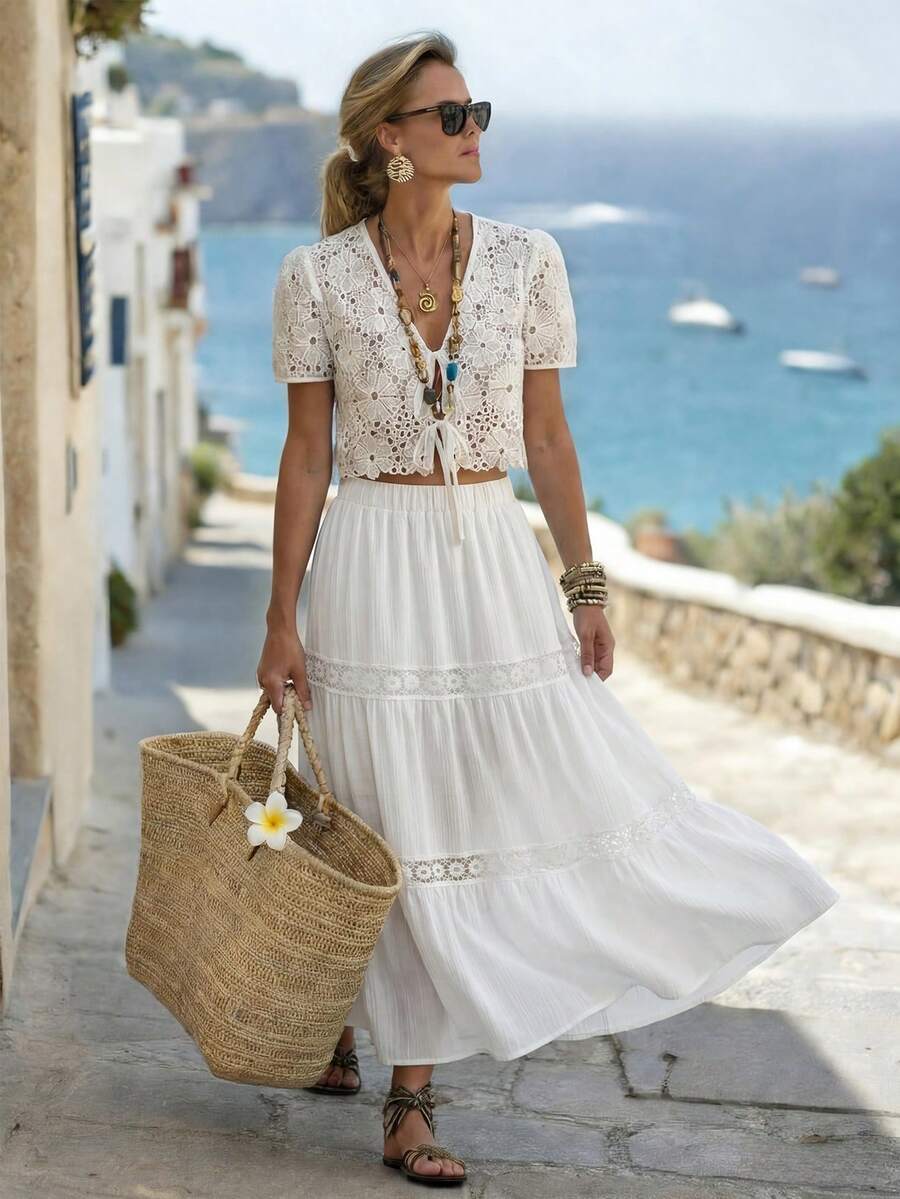 SHEIN Holidaya Falda larga con cintura elástica y encaje texturizado blanco al estilo francés - Blanco - Ver 1