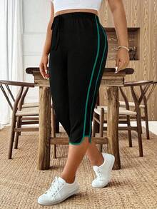 SHEIN CURVE+ Quần ống rộng kẻ sọc dáng thanh lịch, thường ngày, kiểu dáng thể thao, thắt nơ dành cho nữ cỡ lớn. - Màu xanh lá cây đậm - Xem 6