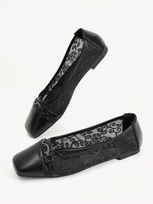 CUCCOO CHICEST Mocasines de punta cuadrada, suela blanda, parche de malla, decoración con hebilla, zapatos planos elegantes y versátiles cómodos de slip-on, negro - Negro - Ver 10
