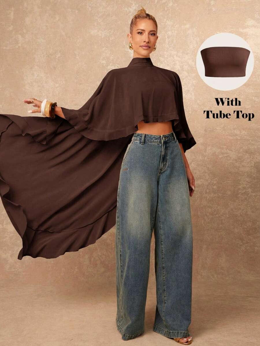 Lumalex Et nouvelle cape élégante et Top de gamme pour femmes avec une épaule, manches cape, col en lin asymétrique à volants. Top avec col montant, dos court, devant long. Livré avec un top sans bretelles comme couche intérieure. Convient pour une sortie de nuit, une fête, un rendez-vous, la campagne, un bal de promo, les loisirs, les vacances, la plage, un mariage, un festival de musique, la Saint-Valentin, Halloween, l'Aïd al-Adha, le printemps/l'été - Tabac - Voir 1