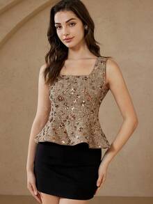 Aveloria Rosie Chic Tweed Fabric Sequin Embroidered Sleeveless Top, Sophisticated Design, Fitted A-Line Silhouette, Versatile For Party, Vacation, Commute, Summer Casual Wear - Khaki - View 3