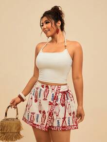 Travachic Plus Size Sardine Fish Print White Beach Shorts,Women's Summer Tropical Resort Wear With Drawstring Decor,Ruffle Trim,Vacation Casual Chic Fashion - Multicolor - View 6