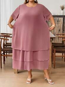 SHEIN CURVE+ Vestido casual de vacaciones talla grande, cuello redondo, bajo asimétrico y fluido, estilo bohemio, adecuado para usar en vacaciones de verano - Rosa - Ver 9
