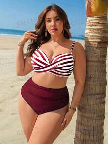 Swim Lushoire Bộ đồ bơi nữ cỡ lớn gồm áo tankini in sọc có đệm mút và quần cạp cao xếp ly, thích hợp cho mùa hè đi biển và nghỉ mát. - Đỏ và trắng - Xem 5