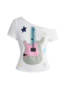 ROMWE Avant Áo thun nữ Y2K Rockstar Bass Note Graphic Asymmetric Shoulder - trắng - Xem 5