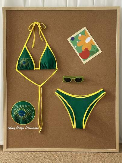 Swim SXY Women's Rhinestone Embellished Yellow & Green Contrast Bikini Swimsuit Set, Spring/Summer