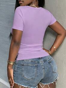 Slaydiva Plus Size Women Summer Casual Commuting Minimalist Solid Color Square Neck Short Sleeve Ruched Fitted T-Shirt - Purple - View 2
